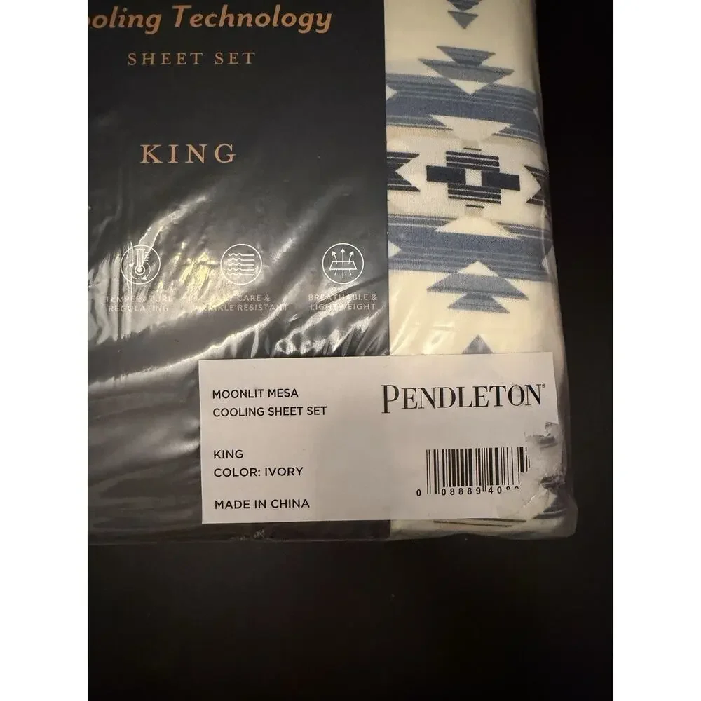 New! Pendleton King Sheet Set Cooling Technology Moonlit Mesa Blue Ivory Aztec